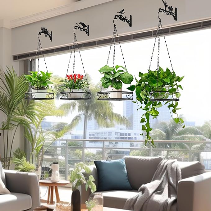4-Pack Metal Hanging Planters for Outdoor Plants - Heavy Duty Hanging Baskets for Plants Outdoor with Chains and Long Hooks – Aesthetic Hanging Plant Holder for an Instant Indoor Gardening Decor