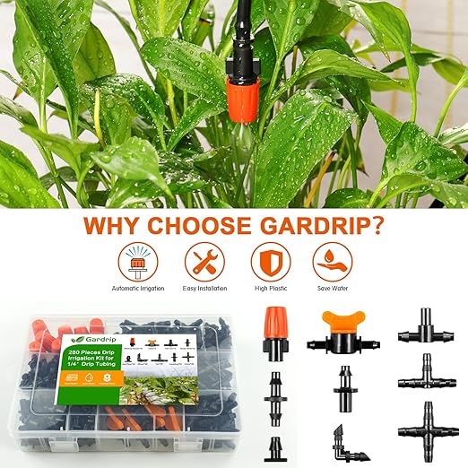 Gardrip 280 Pcs Drip Irrigation Fittings Kit for 1/4" Tubing：Gardrip 1/4 Inch Drip System Barbed Connectors (Nozzles, Nozzle Tees, Valves, Single Barbs, Couplings, Tees, Elbows, Plugs, Crosses)