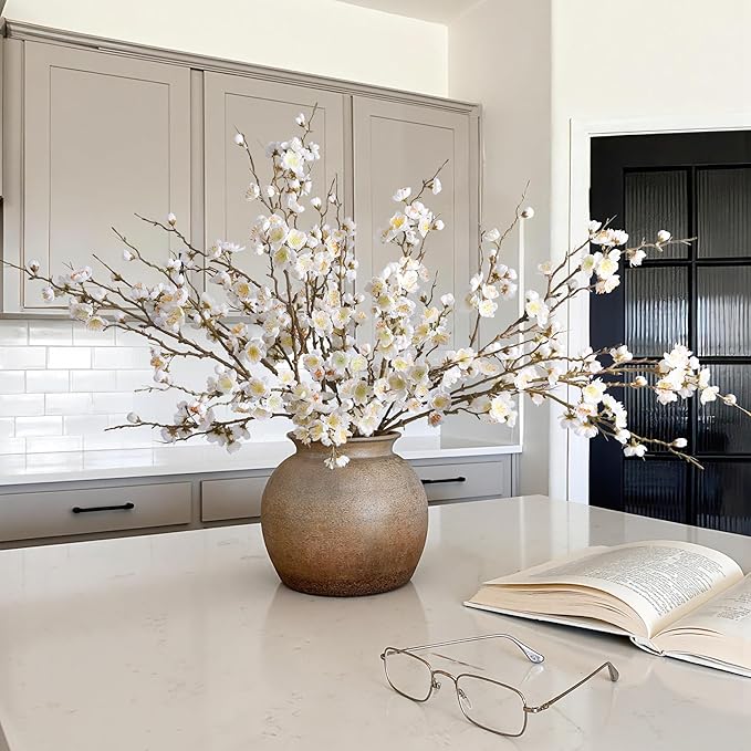 florisso 6 PCS Artificial Cherry Blossom Branches Spring Indoor Decoration, Faux Flowers 34.45" Long Stems Plum Fake Peach Plants Real Touch Silk for Wedding Home Bedroom Party Table Office, White