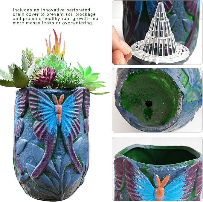 Ceramic Flowerpot– Oval Thick Rough Dark Green Flower Pot with Perforated Drainage Cover, Butterfly Decorative Indoor Outdoor Plant Container