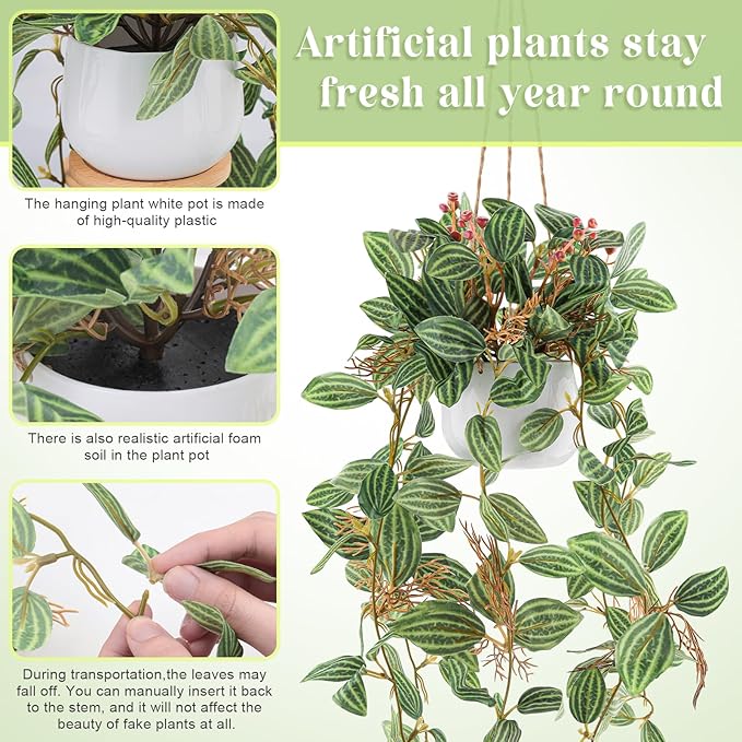2pcs Small Artificial Hanging Plants Fake Hanging Plant with Pot Plants Indoor Decor Faux Greenery Hanging Vines Potted for Bedroom Shelf Outdoor Garden Decoration