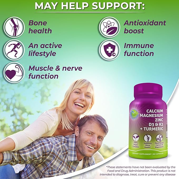 Plant-Based Calcium 500mg (Aquamin) – Vegan Calcium Magnesium Zinc D3 with Vitamin K2 & Organic Turmeric – Enhanced Bone and Muscle Health & Strength, Immune Support for Women & Men - 90 Count