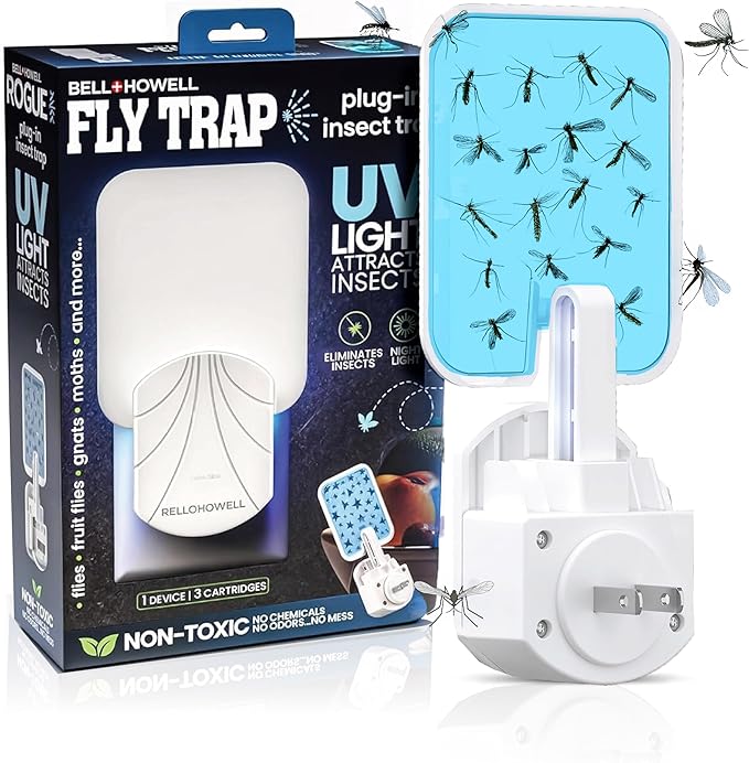 Bell+Howell Rogue Sticky Fly Insect Trap Indoor with 3 Cartridge Replacements, Home Plug in Bug Catcher Indoor UV Light Bug Trap for Flies, Fruit Flies, Gnats and More, Safe for Pets & Kids
