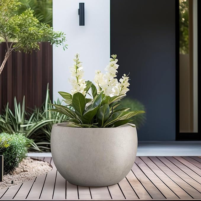 Kante 15.7" Dia Round Concrete Planter, Outdoor/Indoor Large Bowl Plant Pots with Drainage Hole and Rubber Plug for Garden Patio Balcony Home, Weathered Concrete