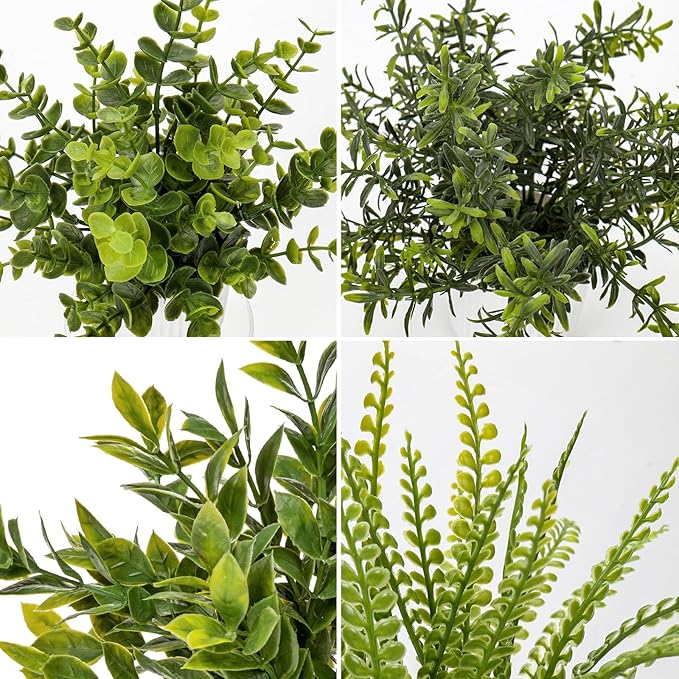 Hollyone 4 Pack Artificial Potted Plants Eucalyptus Rosemary Boston Fern ZZ Plant Fake Plant in Black Pot Small Faux Plant Greenery Aesthetic Indoor Home Decor Bathroom Bedroom Table Shelf Office