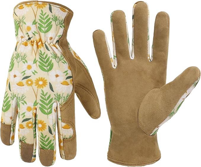 HANDLANDY Work Gloves for Women, Breathable Leather Gardening Glove for Yard Maintenance, Hand Protection with Touch Screen