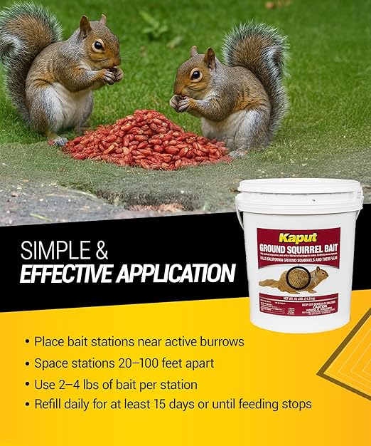 Kaput Ground Squirrel Bait - Effective Fleas & Squirrel Killer with Diphacinone & Imidacloprid - Targeted Pest Control for Outdoor Use, (25 lbs)