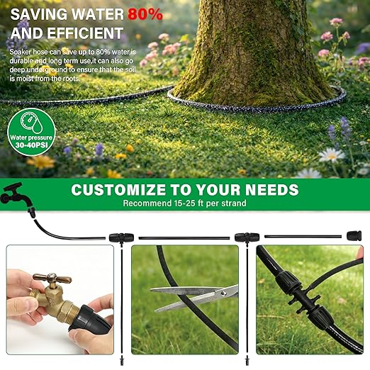 MIXC Drip Irrigation System with 100FT 1/4" Soaker Hose - 80% Water Savings, Weeping Tech for Deeper Root Watering, Garden Kit with 10FT 1/2" Tubing for Raised Beds, Vegetables, Lawn, Greenhouse