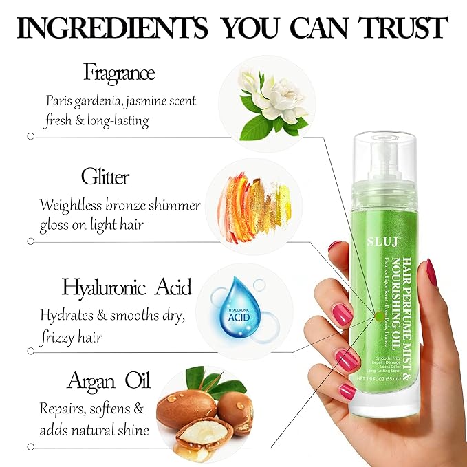 SLUJ Hair Perfume for Women - Hair Mist with Argan Oil & Light Green Shimmer, Lightweight Hair Oil Spray for Dry Hair, Heat Protection Spray for Hair, Long Lasting Hair Scent