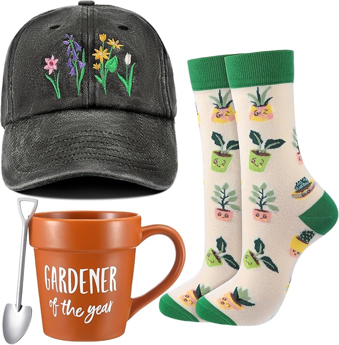 4 Pcs Gift Set for Plant Lovers Women, Mother's Day, Birthday Plants Themed Gift Set with 15oz Coffee Cup Gardening Hat Gardener Plant Socks Shovel Spoon for Lady Mom Gardening Supplies