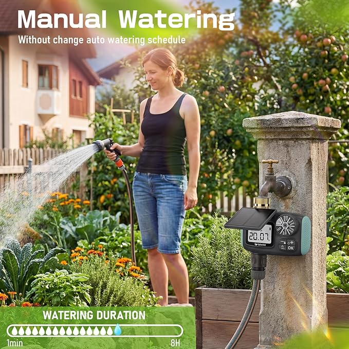 Solar Power Sprinkler Timer with Brass Inlet, CyberOrd Programmable Water Timer for Garden Hose, Hose Timers with Rain Delay/Manual/Automatic Watering System, Digital Irrigation for Yard, Lawn, Garden