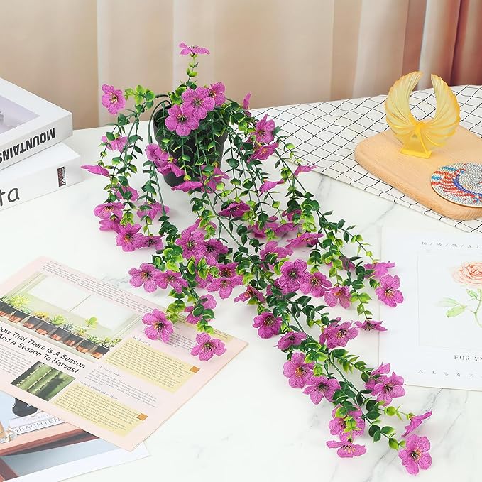 FAVOWREATH Fake Plants Hanging Artificial Potted Faux Eucalyptus Plants and Flowers for Modern Boho Farmhouse Bathroom Office Desk Wall Book Shelf Living Room Aesthetic Decor Indoor (Purple)