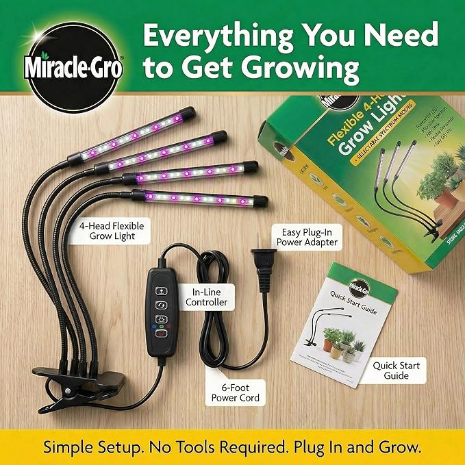 Miracle-Gro LED Grow Light for Indoor Plants 4-Head | Selectable Spectrum Clip On Plant Light with Timer & Dimmable Modes | Flexible Gooseneck Lamp for Seed Starting, Succulents, Herbs & House Plants
