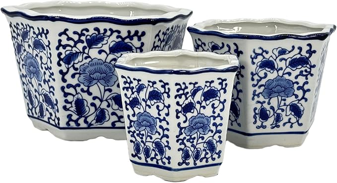 Galt International Blue & White Floral Porcelain Ceramic Decorative Flower Pot 8"/6"/4.5" Garden Pots Chinese Asian Design - Set of 3 Hexagonal