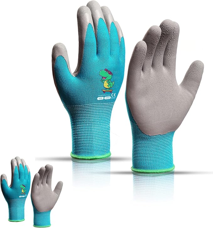 KDK Ages 8-10 Kids Gardening Gloves,Yard Work Gloves for Toddlers, Youth, Girls, Boys, Childrens, Soft Safety Rubber Gloves (XS Age 8-10, 2 Pairs Blue Dinosaur)