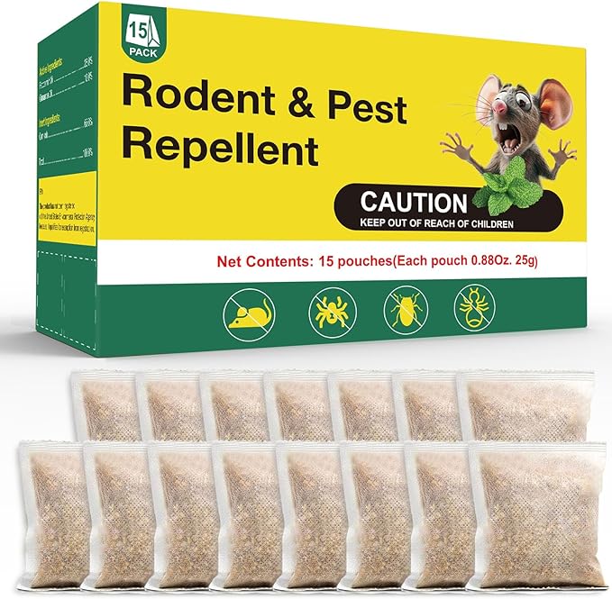 Pest Repellent Pouches 15Pack, Peppermint Oil Repellent for Mouse, Roach, Rodent, Spider, Ant, Mice, Rats, Pest Control Indoor & Outdoor