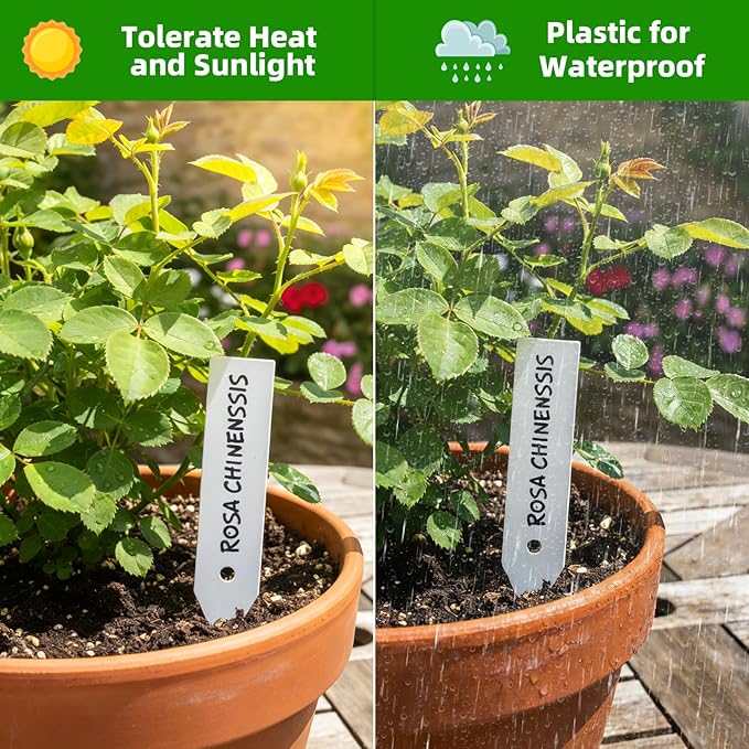 Plant Labels 150 PCS, Slim White Garden Plant Tags with Holes, PP Plastic Waterproof Labels with Permanent Marker, Jute Twine & Storage Box for Indoor & Outdoor Gardening (150PCS)