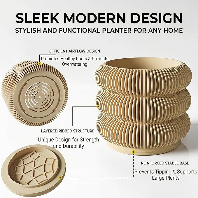 Modern 3D Printed Planter Pot, Minimalist Ripple Design, Lightweight PLA Material, Round Shape with Drainage and Saucer, for Succulents and Indoor Plants (Wood, 4.7")