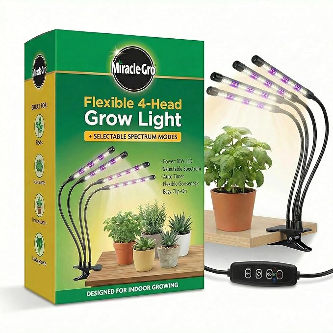 Miracle-Gro LED Grow Light for Indoor Plants 4-Head | Selectable Spectrum Clip On Plant Light with Timer & Dimmable Modes | Flexible Gooseneck Lamp for Seed Starting, Succulents, Herbs & House Plants