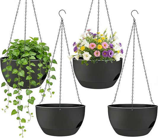 Set of 4-8 Inch Self Watering Hanging Planters for Indoor Outdoor，Hanging Plant Pots with Drainage & Removable Tray, Hanging Pots Holder for Ivy, Pothos, Ferns, Balcony & Patio, Black