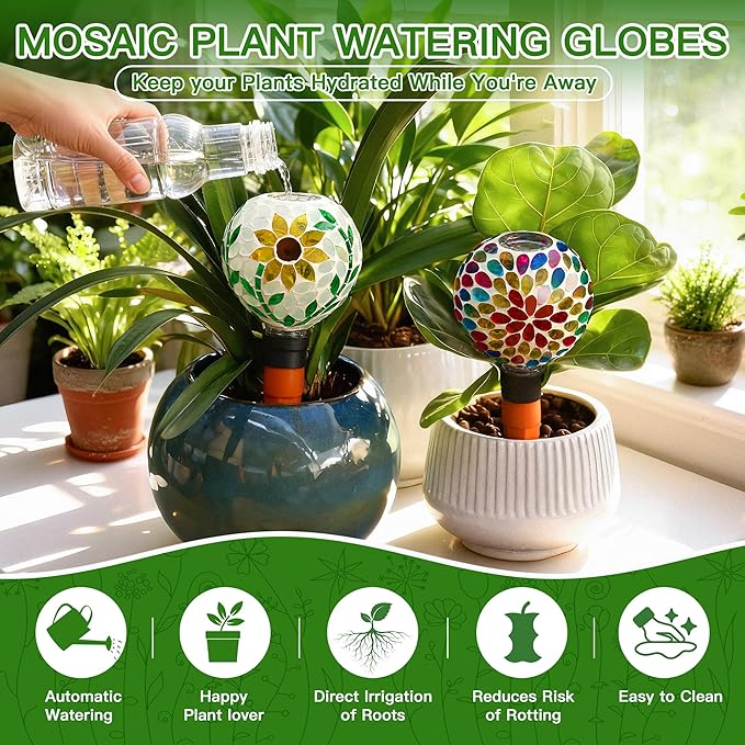VOREEN Mosaic Plant Watering Globes with Terracotta Watering Spikes, 17oz Glass Self Watering Globes for Indoor & Outdoor Potted Plants, Decorative Water Drippers, Set of 2