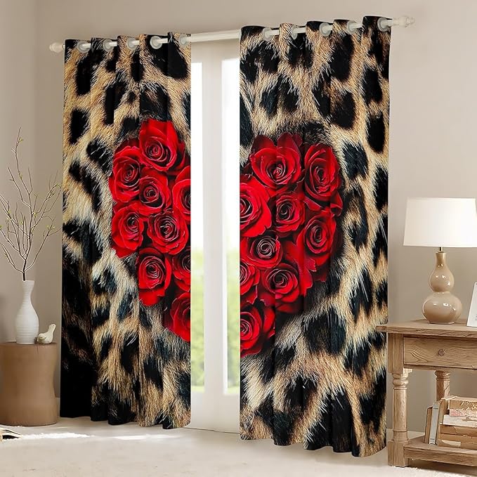Leopard Print Curtains & Drapes,Southwest African Big Cat Cheetah Skin Window Curtains,Tropical Wildlife Woodland Animal Fur Blackout Curtains 2 Panels 42" Wx90 L,Romance Red Rose Window Treatments