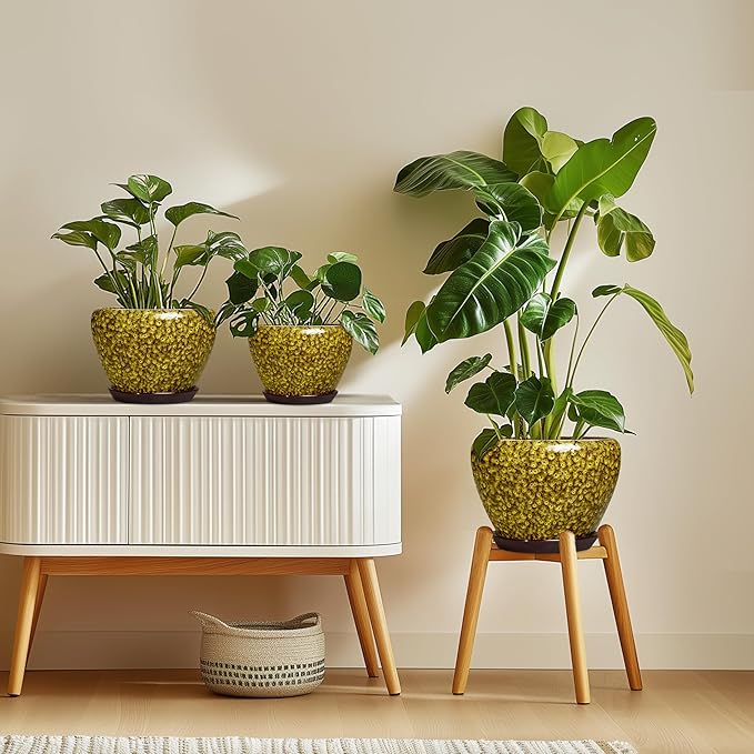 10 Inch Ceramic Pots for Plants - Indoor Plant Pots with Drainage Hole and Saucer, Round Planters for Outdoor Plants, Modern Large Planter, Garden Decor, Gifts for Gardeners, Yellow Leopard