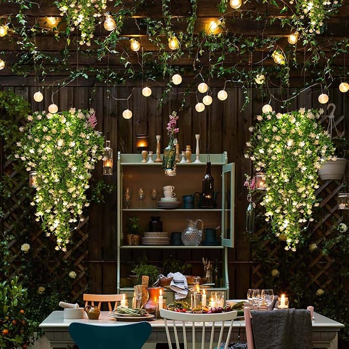 RECUTMS 3 Pcs Hanging Fake Plants Fake Vines Artificial Plants Large Faux Hanging Plant with 30 LED String Light, Artificial Greenery Wall Indoor Outdoor(White)
