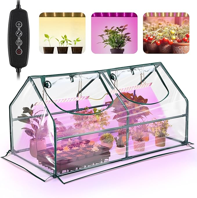 Meonum Mini Greenhouse with Grow Light, 47.2" L x 23.6" L x 23.6" W Portable Greenhouses Waterproof UV-Resistant for Indoor/Outdoor Seed Starting (House Shape)
