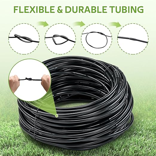 HIRALIY 1/4" Drip Irrigation Tubing Kit, 150FT Dripline with 6" Emitter Spacing, Built-in 0.5 GPH Drippers, 6mm 33FT Watering Hose with 2-Way Connector for Garden, Landscape & Greenhouse