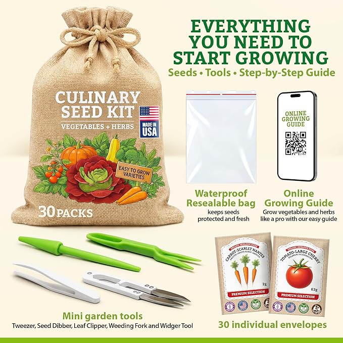 Culinary Vegetable & Herb Seeds Variety Pack - 30 Heirloom Non-GMO Garden Seeds for Planting, Seed Kit with Tools, Made in USA