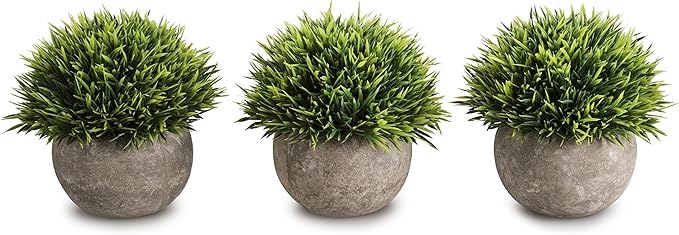 Opps Mini Artificial Plants Plastic Fake Green Grass Topiary Shrubs with Gray Pot for Home Décor – Set of 3