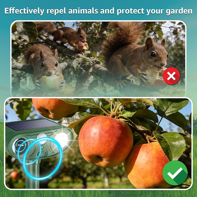 Solar Ultrasonic Animal Repellent Outdoor with Motion Sensor Strobe Light Deer Repellent Devices for Squirrel Rats Snakes Rabbit 25KHZ Silent Deterrent Dual Mode Yard Garden Lawn Pest Control 1PC