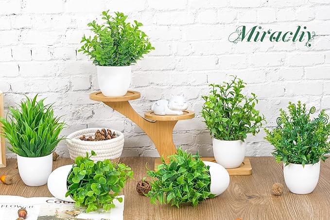 Miracliy 6 Pack Mini Fake Plants Artificial Eucalyptus Faux Plants for Home Office Farmhouse Bathroom Shelf Decor Indoor