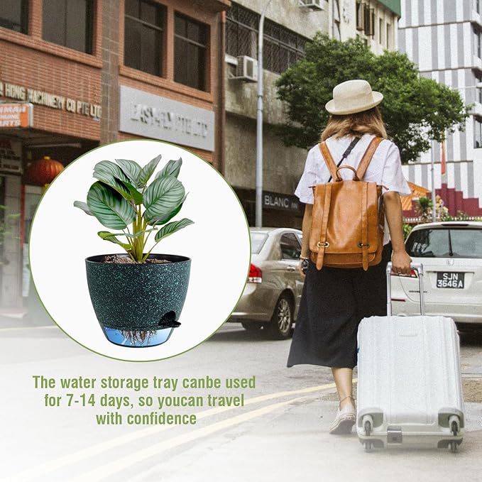 WSMKSZ 10 inch Self Watering Pots, Planter, Plant Pots with Mesh Drainage Holes for Indoor Outdoor House Plants and Garden, 2 Pack Plastic Flower Pots with Reservoir, Black with Green Speckles