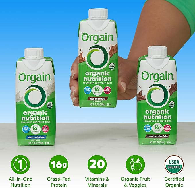 Orgain Organic Nutritional Protein Shake, 16g Grass Fed Whey Protein, Meal Replacement, 20 Vitamins & Minerals, Fruits & Vegetables Variety Pack, Chocolate, Vanilla, Mocha, 11 Fl Oz (12 Pack)