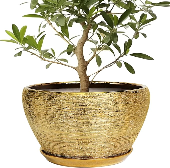 Ceramicfor Ceramic Planter 13 Inch - Indoor Plant Pot with Drainage Hole and Saucer Large Ceramic Pot for Plants Mid-Century Decorative Modern Outdoor Flower Pot for Home Decor Gold