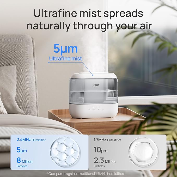 Dreo Humidifiers for Bedroom, 4L Top Fill for Large Room, 36H Runtime, 28 dB Quiet Supersized Cool Mist Air Humidifier for Baby Nursery, Plants, Indoor, Night Light, Easy to Clean & Fill, Gray
