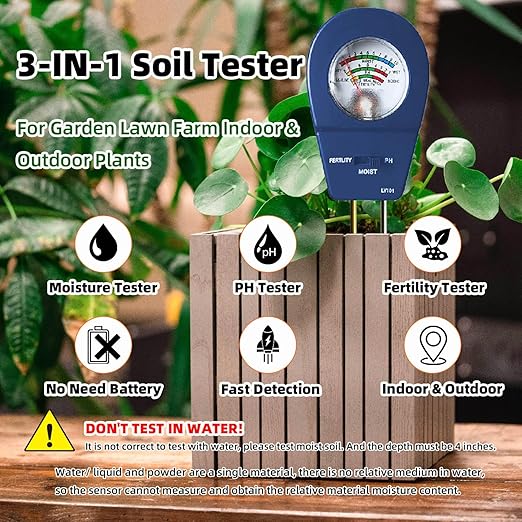 3-in-1 Soil Moisture Meter pH & Fertility Tester, No Battery Needed Plant Soil Test Kit for Houseplants, Garden, Lawn & Farm, Plug-and-Read Soil Acidity Meter for Indoor Outdoor Potted Plants (Blue)