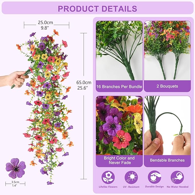 Hommyea Fake Artificial Hanging Flowers for Outdoors, 2 Pcs Fake Hanging Plant Spring Summer Decor, UV Resistant No Fade Faux Silk Daisy Flower for Front Door Porch Planter Patio Yard Garden