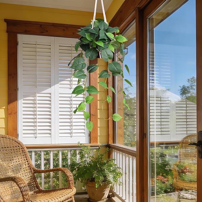 alyptus Fake Hanging Plants Artificial Decor Indoor Outdoor Realistic Silk Devil's Ivy Hanging Potted Plants Faux Greenery Plant Pothos Vines with Pot for Home (Hanging Pothos - Green)