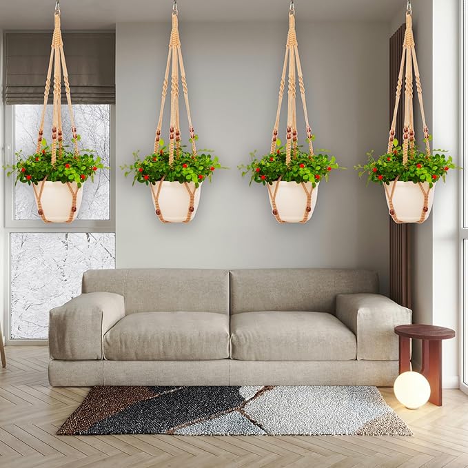 petonfun Macrame Plant Hanger Indoor Set,Hanging Planters for Indoor Plants Outdoor,Hanging Plant Holder Basket Pot with 8 Hooks,Boho Home Decor Crochet Beads Window Ceiling,No Tassels 4 Pack,Brown