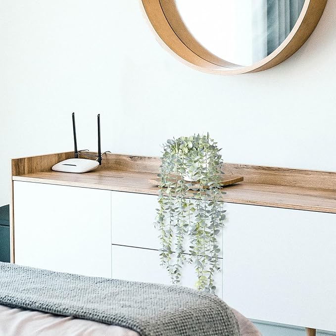 Decorative Hanging Plants for Shelf, Faux Ivy Eucalyptus Vine, Fake Greenery in White Pot with Lanyard (Full, Large Pot)
