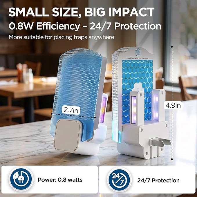 Fruit Fly Traps for Indoors(1 Device+5 Refills) for Fruit Flies, Gnats, Flying Insects, Moths, Bugs, Fungus, 3-in-1 UV/Blue/Yellow Light Plug-in Gnat Traps, No-Mess Bug Zapper, 7 * 24hrs Pest Control
