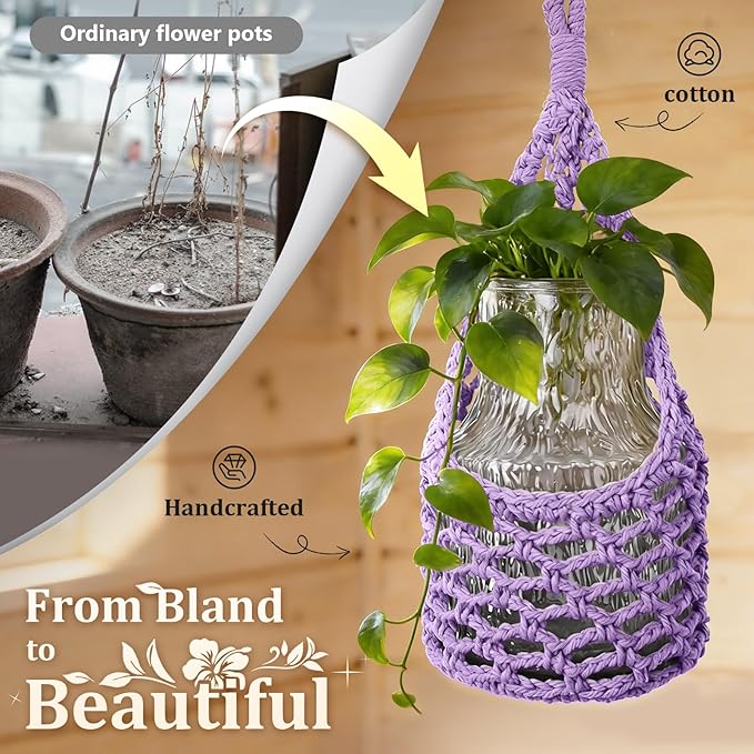 Macrame Wall Plant Hanger, Hanging Planter Basket Holder, Wall Planters for Indoor Plants, for Up to 6 Inch Pot (Purple, 6-Inch)