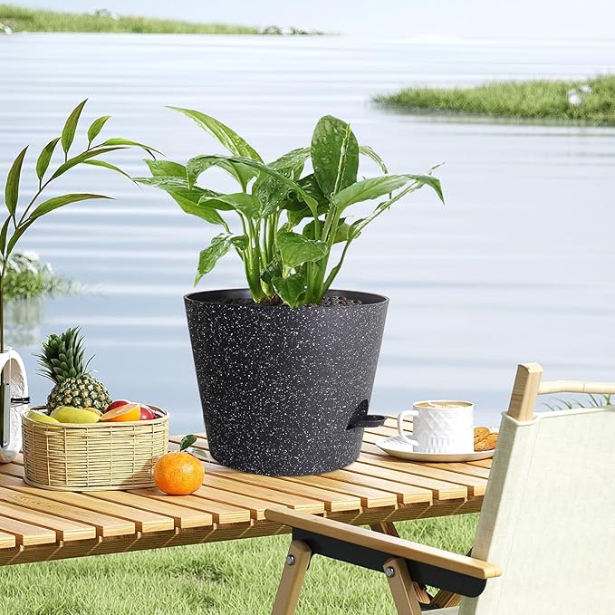 Meowell 12 inch Large Self Watering Pots, Plant Pots with Mesh Drainage Holes for Indoor Outdoor Plants, Plastic Planters with Deep Reservoir for Garden House Flower Plants, Speckled Black