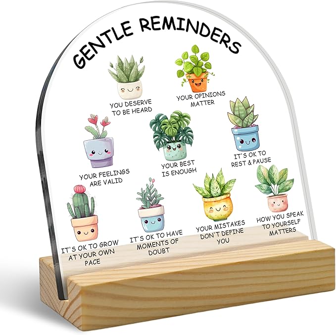 Gentle Reminders - Arched Shape Cute Potted Plants Motivational Acrylic Sign, Positivity Gifts for Family Friends Classmates Colleagues, Classroom Decorations Retirement Gift Green Desk Decoration
