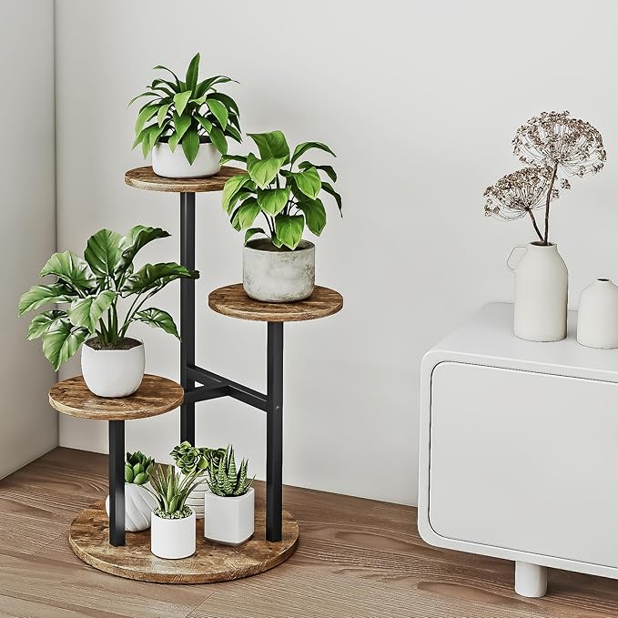 INGIORDAR Plant Stand Indoor Outdoor Corner Flower Stands Multiple Flower Pot Holder for Patio Garden Balcony Living Room 4 Tier Black+Rustic Brown