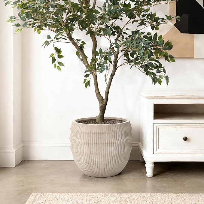 LuxenHome 17.5" Dia Round Planter, Large Pots for Plants with Drainage Hole, Modern Wavy Textured Decorative Planter Pots for Indoor Plants