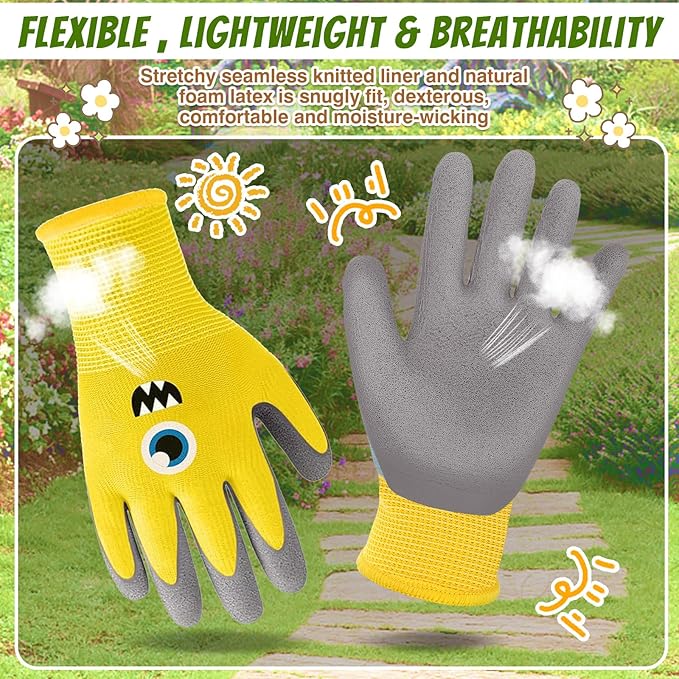 3 Pairs Kids Gardening Gloves Children Yard Work Gloves Soft Rubber Coated Garden Gloves for Toddlers Girls Boys